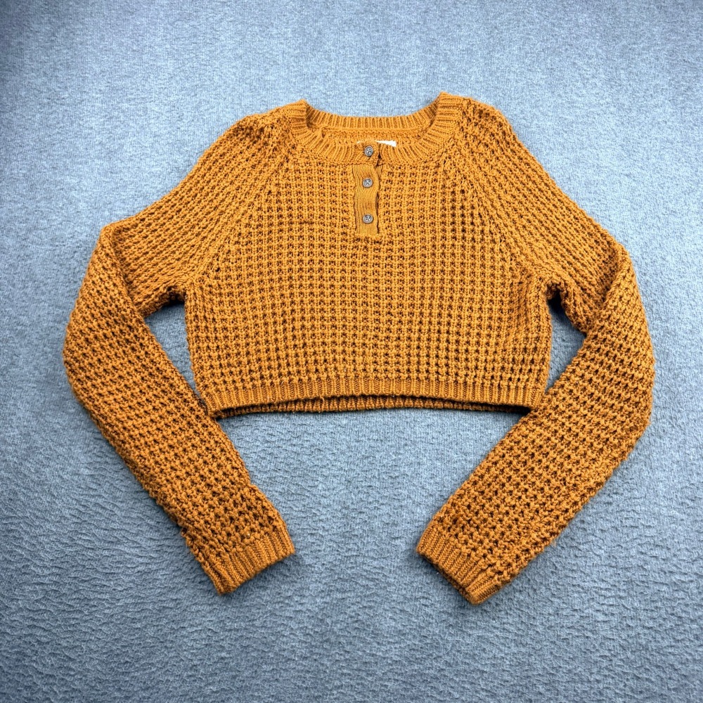 Aeropostale Cropped Henley Sweater Women Small‎ Orange Waffle Knit Raglan Sleeve